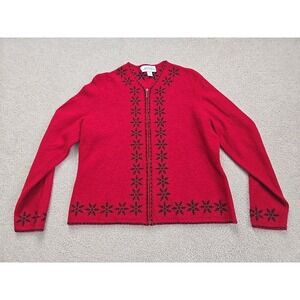 VTG Casual Corner Annex Size X Nordic Snowflake Red Black 100% Wool Zip Cardigan